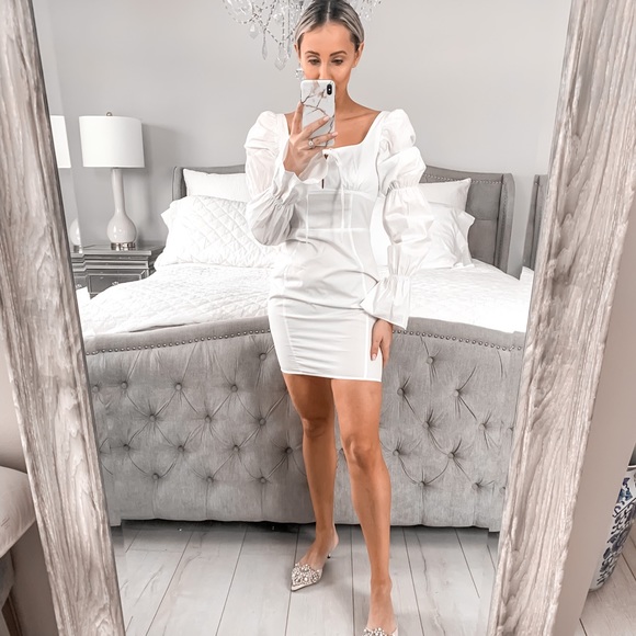 Puff Long Sleeve Mini White Dress - Picture 9 of 16